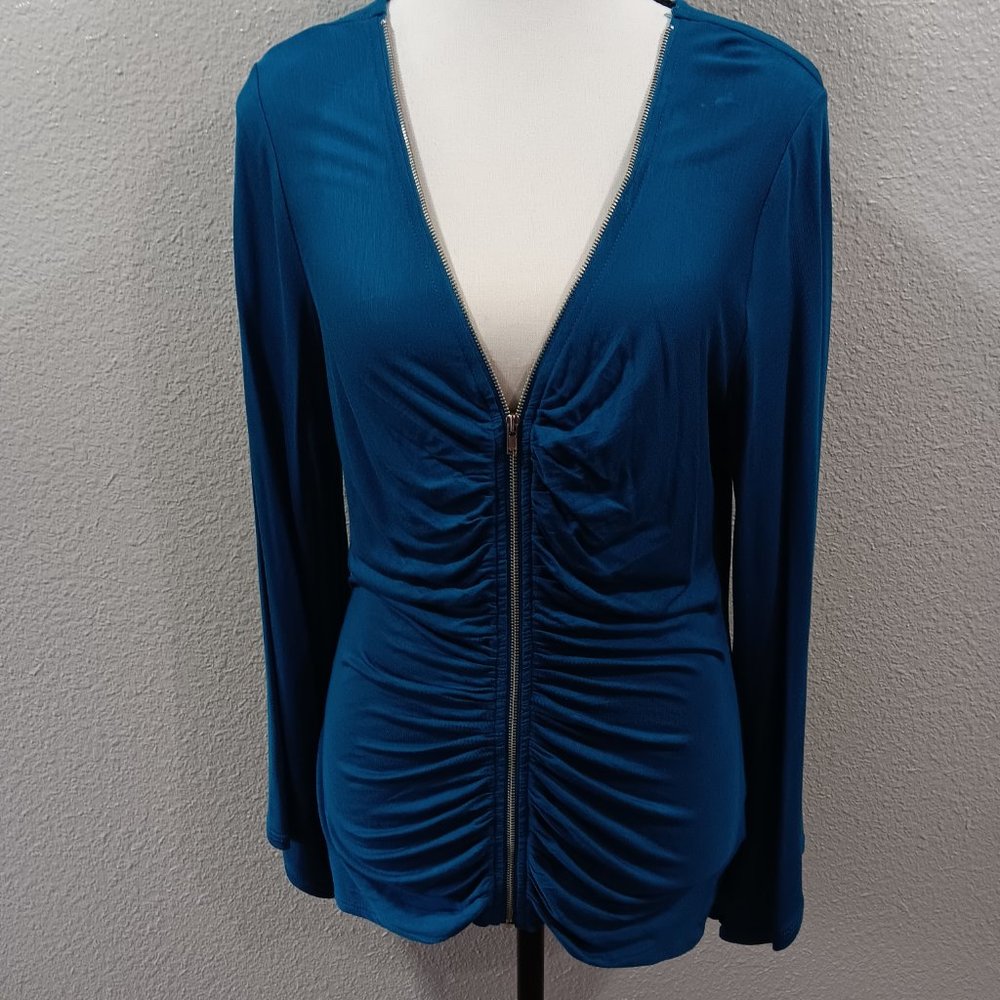 NWOT Venus Rayon Turquoise  Long Sleeve Zip-up Shirt with Ruching US M